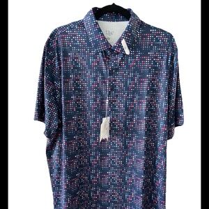 1764 Men's Navy and Pink stars all over print golf polo Shirt xl